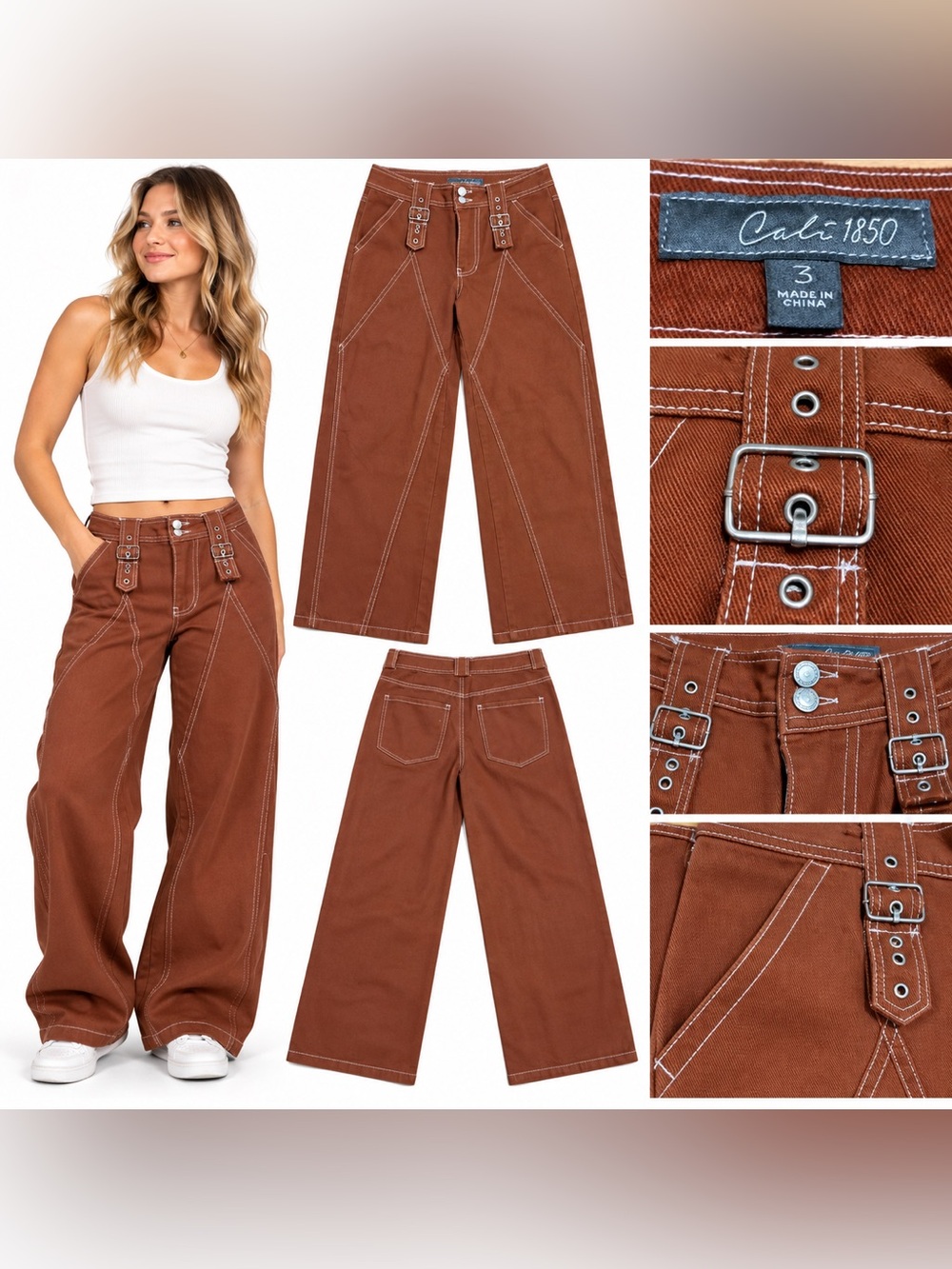 Cali 1850 Women’s Brown Contrast Stitch Buckle Pants Size 3 Y2K Wide Leg